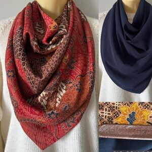 Reign & Gray🇨🇦 Reversible Magnetic Scarf bandana Red Tribal Batik & navy print